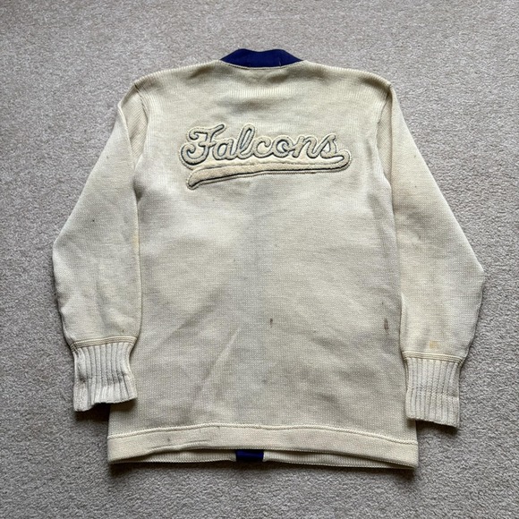 Vintage Falcons Letterman Sweater Mens Medium Cardigan Blue Chenille Patches 60s - Picture 4 of 16